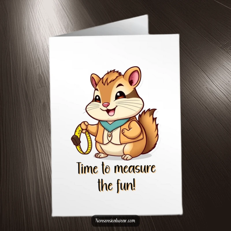 Funny Free Printable Birthday Card: Happy chipmunk in vest holding measuring tape, ready for birthday fun.