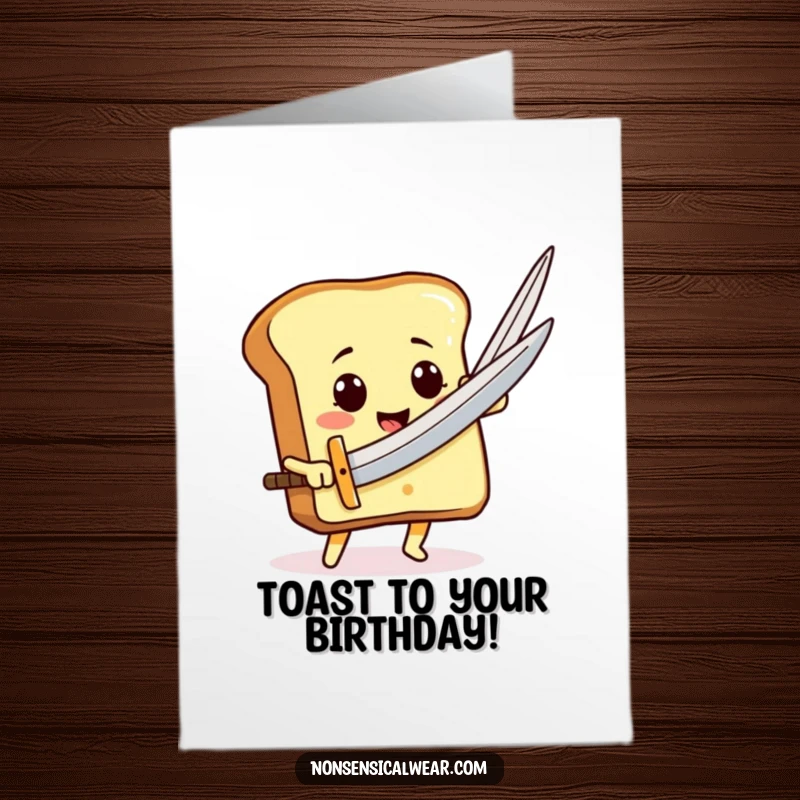 Funny Free Printable Birthday Card: A smiling toast character bravely using a giant needle as a sword.