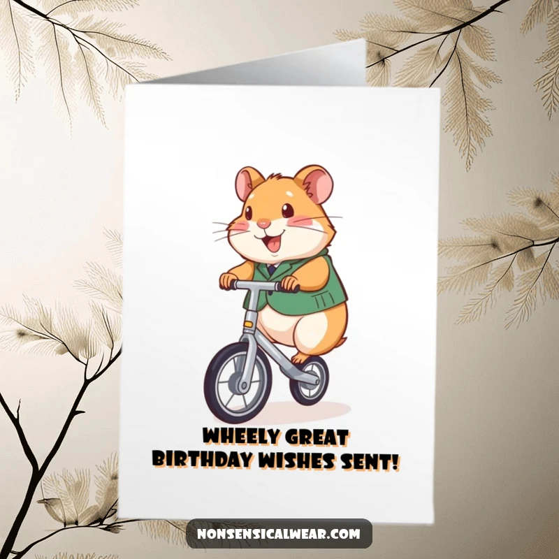 Funny Free Printable Birthday Card featuring a cheerful hamster in a vest, expertly riding a miniature unicycle with a smile.