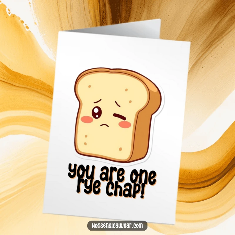 Funny Free Printable Birthday Card: A bewildered bread loaf with one eye blinking shyly, wishing a happy birthday with baked goods humor.