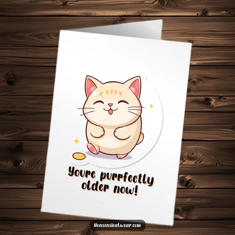Funny Free Printable Birthday Card: Round cat excitedly chasing a red laser dot, perfect for a playful and humorous greeting.