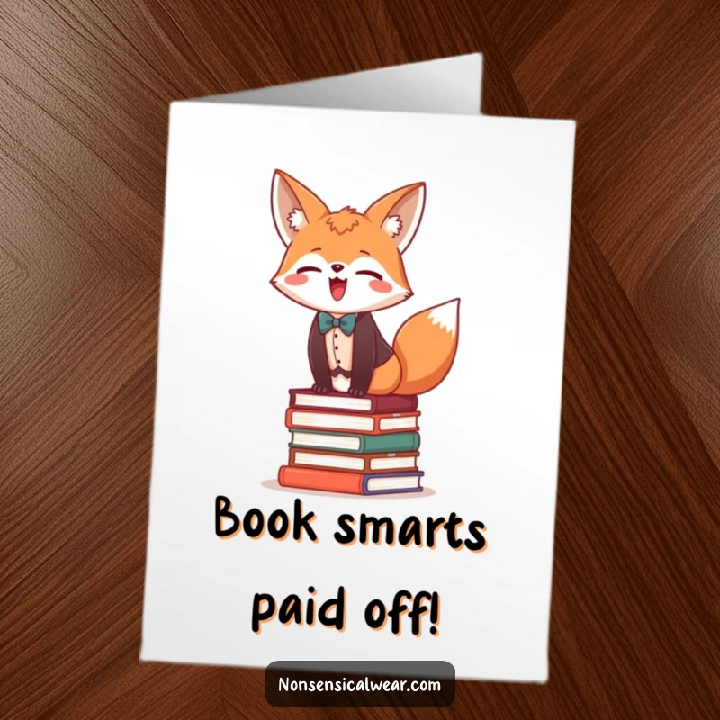 Funny Free Printable Congratulations Card featuring a giggling fox in formal wear, masterfully balancing on a stack of books.