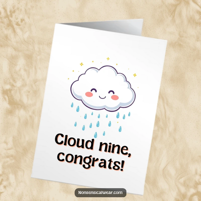 Funny Free Printable Congratulations Card: A grinning cloud character showers sparkling raindrops, signifying happy news.