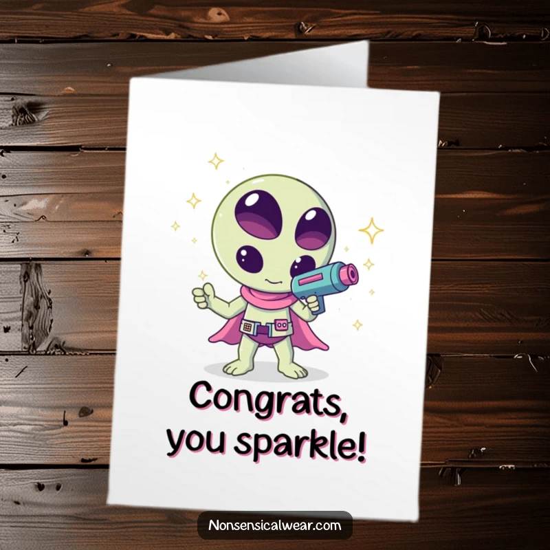 Funny Free Printable Congratulations Card: A happy kawaii alien fires a ray gun that shoots dazzling sparkles to celebrate success.