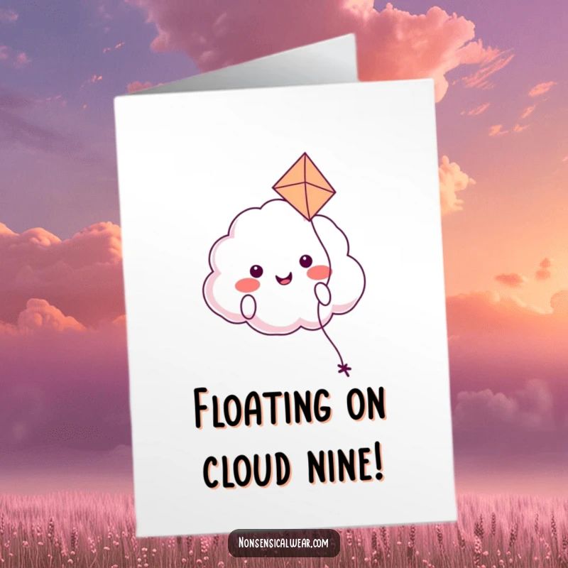 Happy free printable congratulations card: a smiling cloud character happily floating with a kite, celebrating good news.