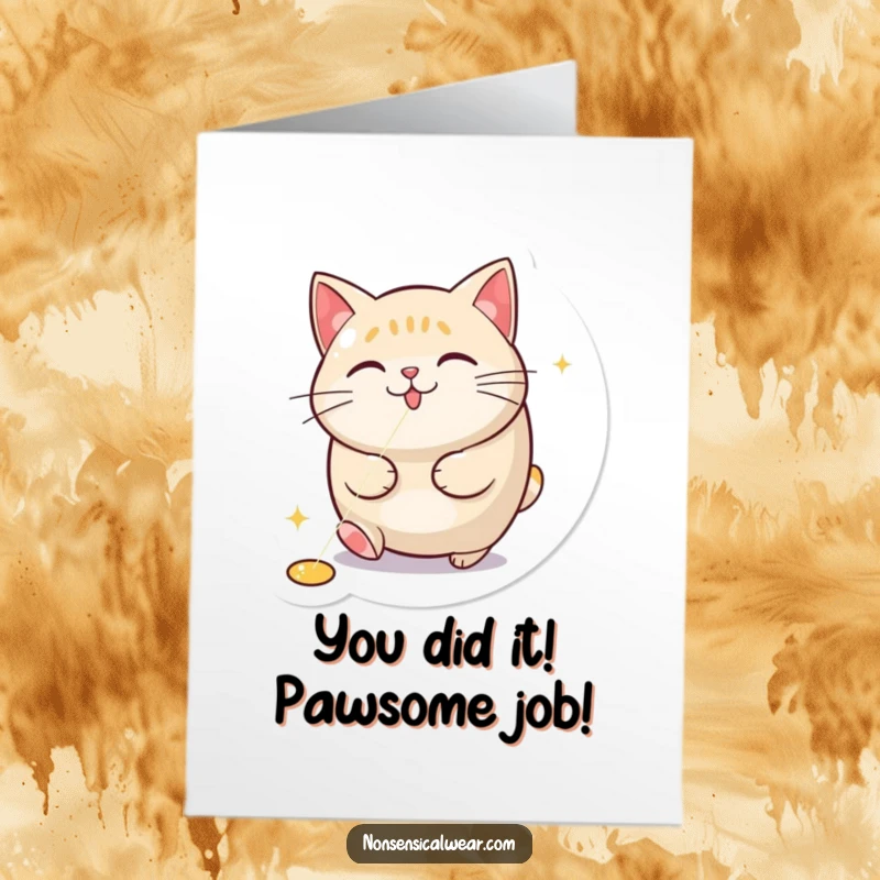 Funny Free Printable Congrats Card: Round cat focused on a laser dot, celebrating achievements with playful energy and humor.