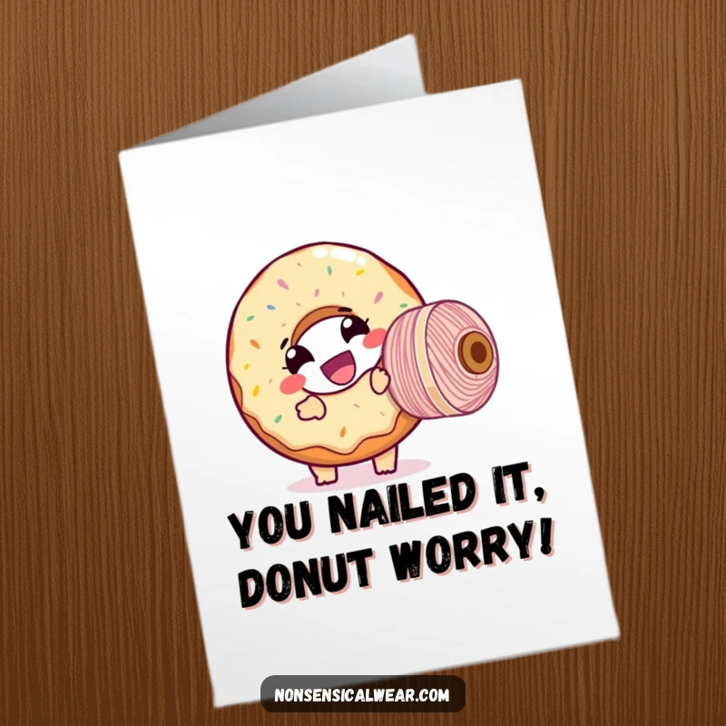 Funny Free Printable Congrats Card: Giggling donut character hilariously attempting to wind a giant spool of thread, celebrating success.
