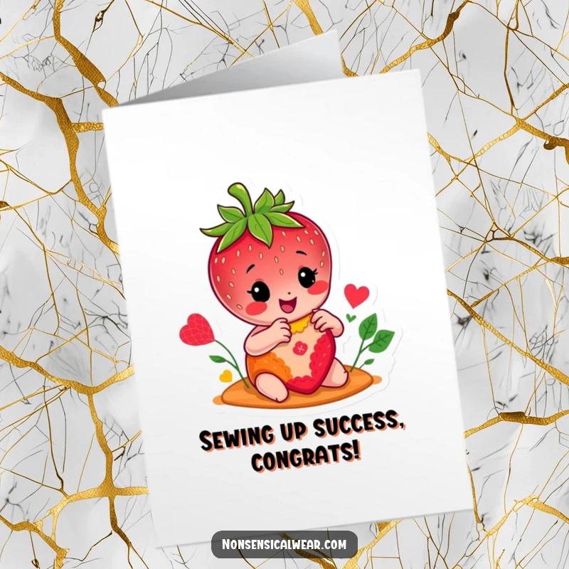 Funny Free Printable Congrats Card: Cheerful strawberry character happily stitching a colorful patch, celebrating a big achievement.