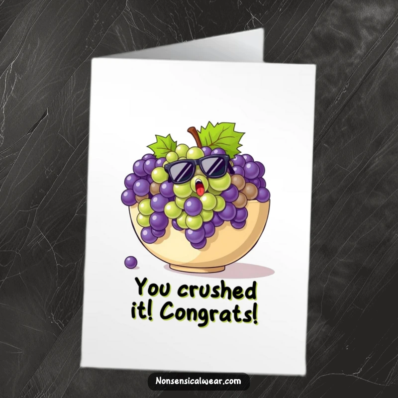 Funny Free Printable Congrats Card: Startled grapes in sunglasses making a daring escape from a giant fruit bowl, a funny congrats.