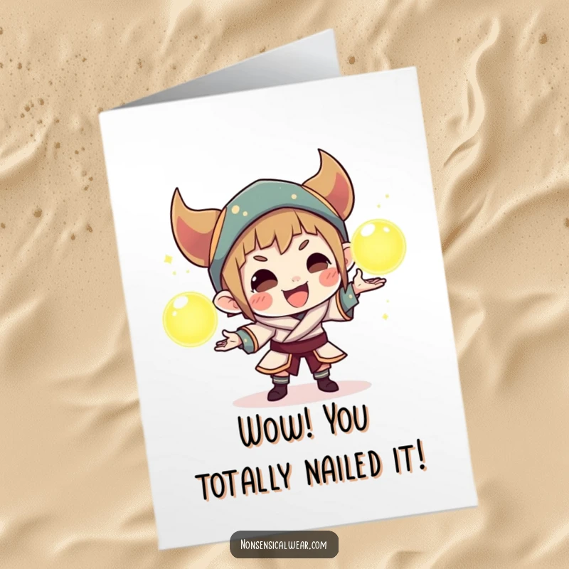 Funny Free Printable Congratulations Card: A mischievous character skillfully juggles glowing orbs, symbolizing a successful balancing act of achievements.