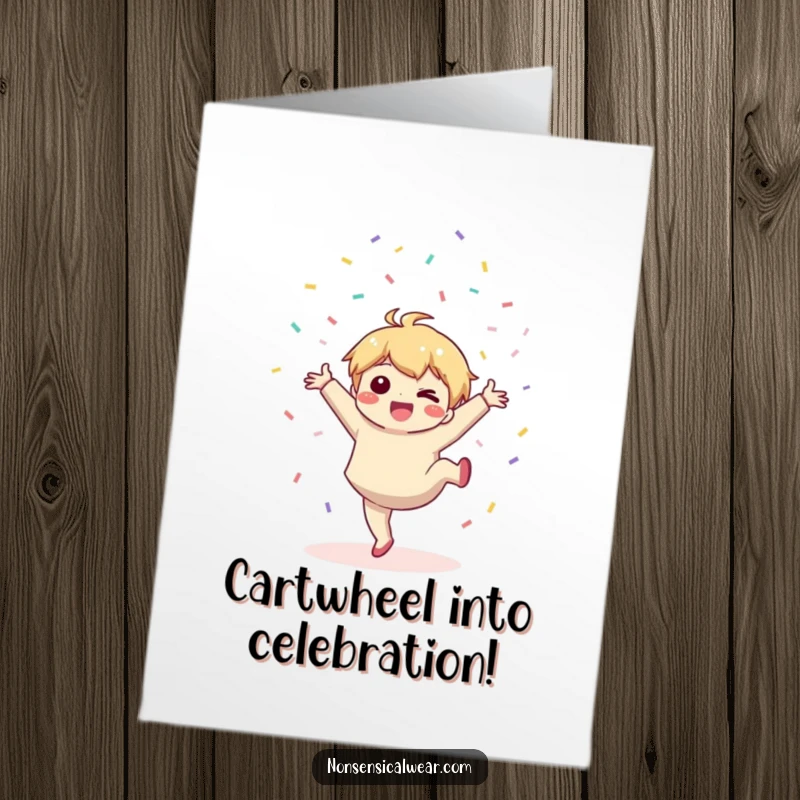 Funny Free Printable Congrats Card: Kawaii character performs a cartwheel, scattering joyful confetti.