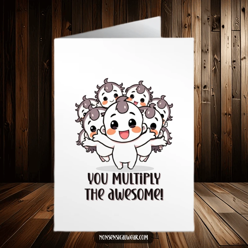 Funny Free Printable Congratulations Card: A character has multiplied into several energetic copies, celebrating accomplishments with amplified joy.