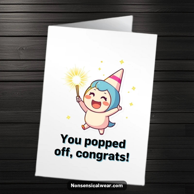 Funny Free Printable Congrats Card: Cheering character erupts a sparkling party popper, celebrating a momentous occasion.