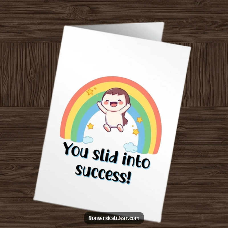 Funny Free Printable Congrats Card: Character joyfully slides down a rainbow, leaving a trail of celebratory stars.