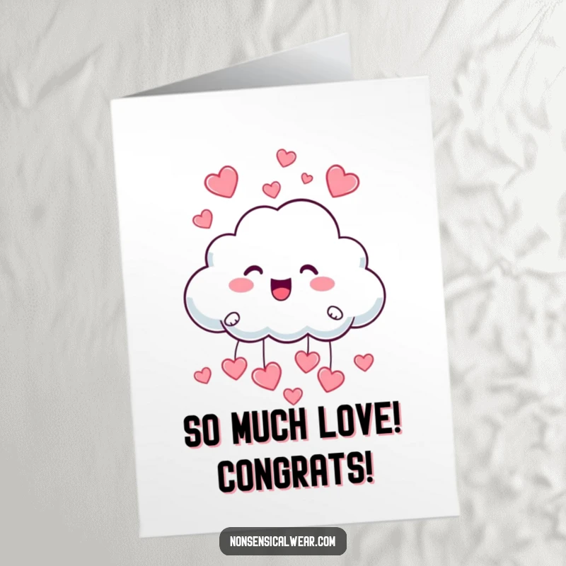 Funny Free Printable Congratulations Card: A gleeful cloud showering small, adorable hearts for a celebration.