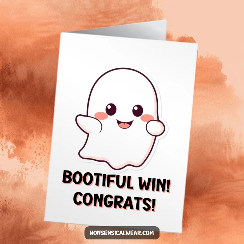 Funny Free Printable Congratulations Card: A giggling ghost peeking out from behind a big, cheerful yellow smile.
