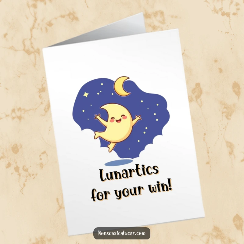 Funny Free Printable Congratulations Card: A smiling crescent moon character doing an active cartwheel in the starry night.