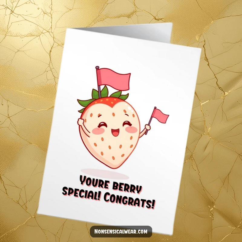 Funny Free Printable Congratulations Card: A joyful strawberry with small arms joyfully waving a tiny flag in celebration.