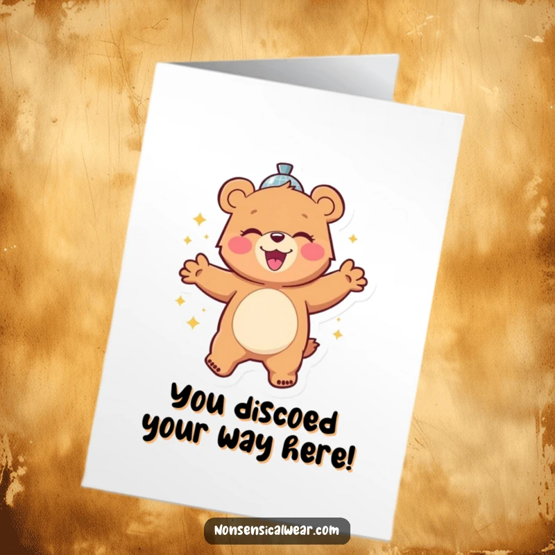 Funny free printable congratulations card: a cheerful bear character gleefully dancing with a shiny disco ball, celebrating a win.