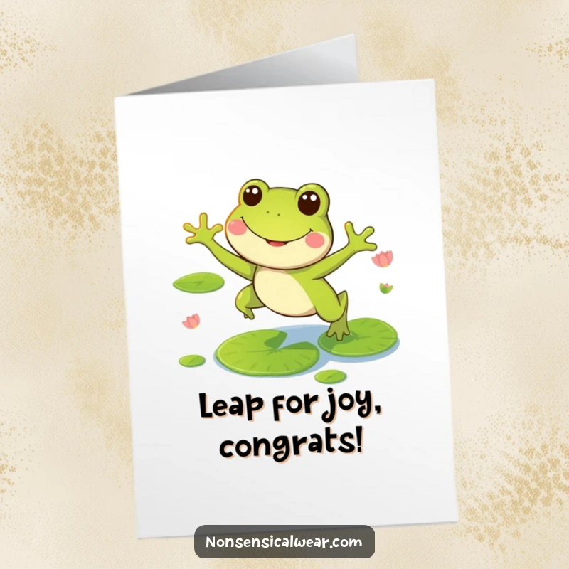 Funny Free Printable Frog Congratulations Card: Smiling frog leaps high above lily pads, celebrating a significant accomplishment.