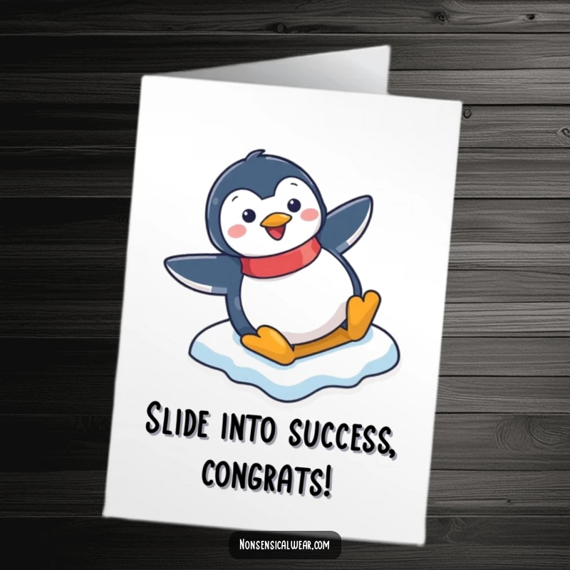 Funny Free Printable Penguin Congratulations Card: Cheerful character slides down an icy slope, celebrating an achievement with pure joy.