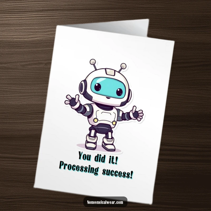 Funny Free Printable Robot Congratulations Card: A happy robot character performing a joyful little bop to celebrate achievements.