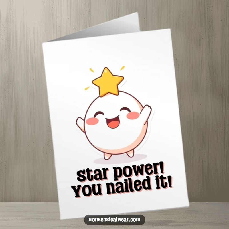 Funny Free Printable Congratulations Card: Joyful round character bouncing a radiant star, perfect for celebrating a star's success.