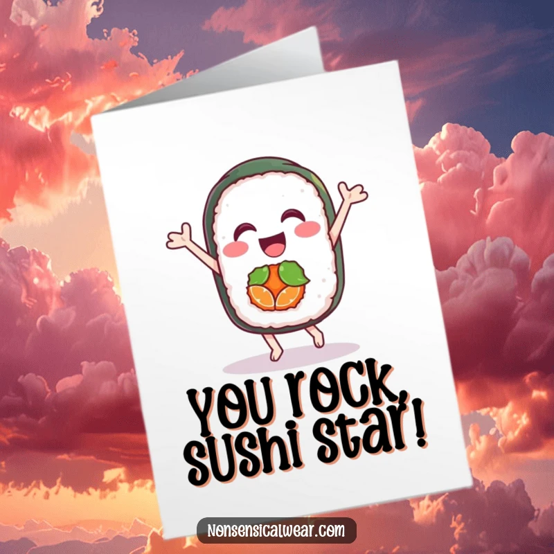 Funny Free Printable Sushi Congratulations Card showing a delighted sushi roll doing a happy dance, celebrating success with zest.