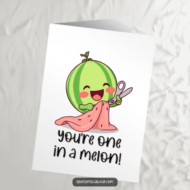 Funny Free Printable Congratulations Card: A delighted watermelon character enthusiastically cutting fabric with scissors to celebrate.