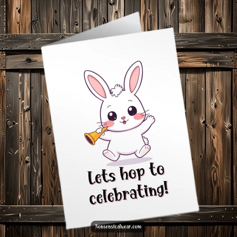 Funny Free Printable Congratulations Card of a bouncing kawaii bunny with wide eyes, holding a party horn to celebrate.