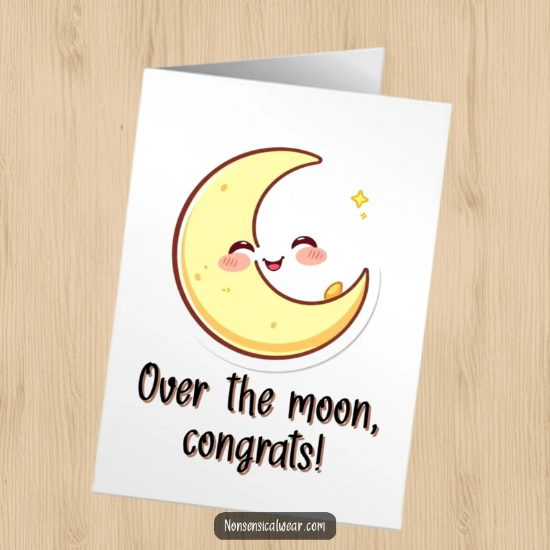 Happy free printable congratulations card: a crescent moon character winking and spinning, celebrating achievement with charm.