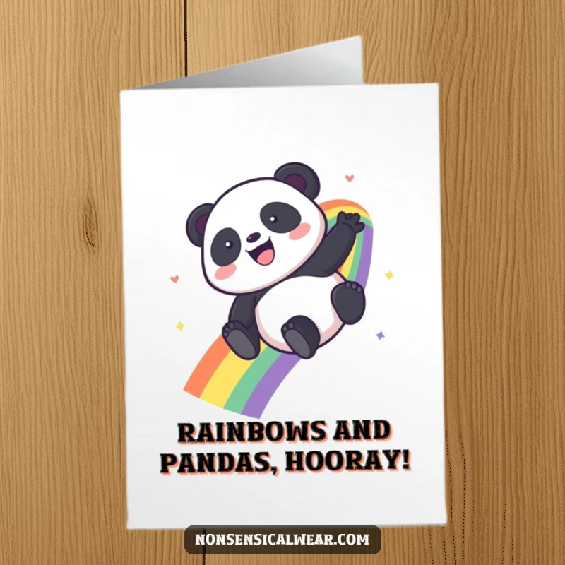 Funny Free Printable Congratulations Card: A kawaii panda joyfully slides down a vibrant rainbow, celebrating big wins.