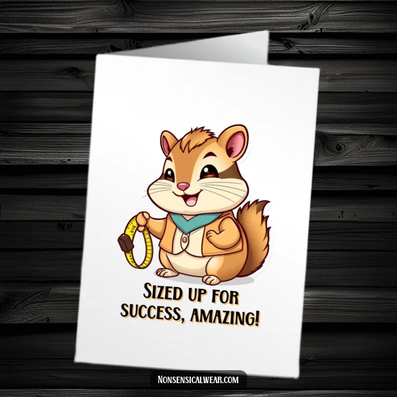 Funny Free Printable Congratulations Card: Happy chipmunk in vest holding measuring tape, celebrating a success.