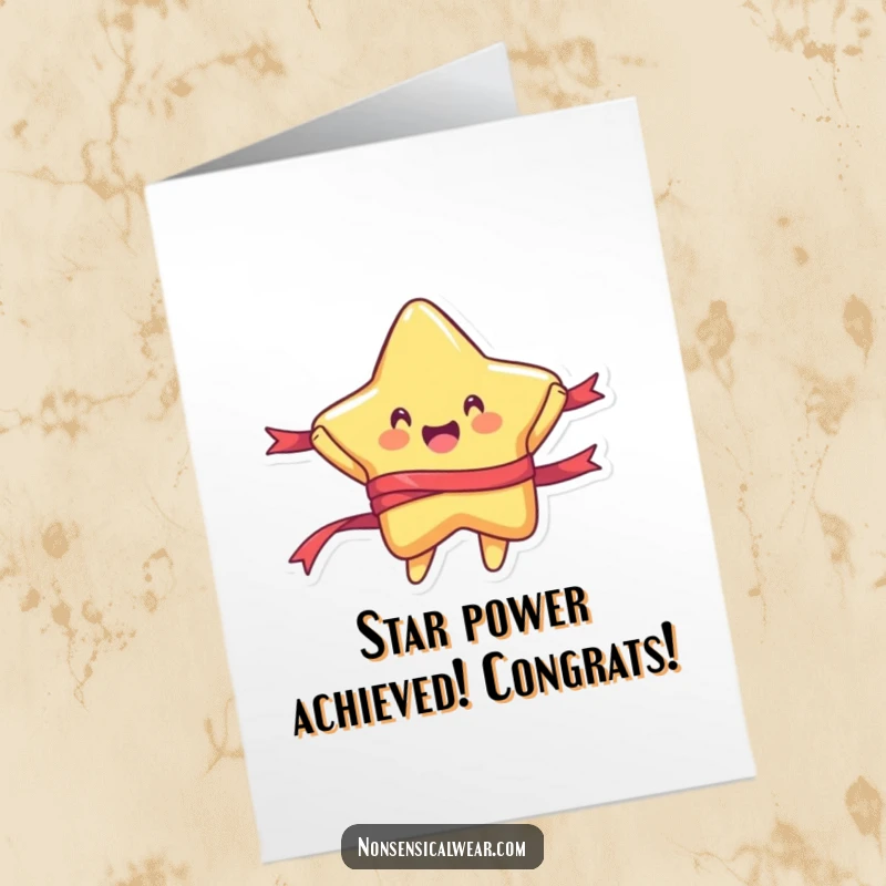 Cheerful free printable congratulations card: a rounded star character joyfully jumping with a colorful ribbon, celebrating success.