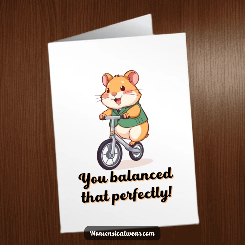 Funny Free Printable Congratulations Card with a joyful hamster in a vest, masterfully riding a tiny unicycle to celebrate success.