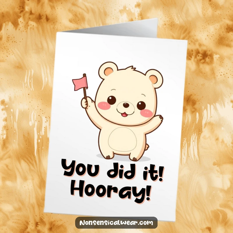 Funny Free Printable Congratulations Card with a happy kawaii bear proudly waving a tiny flag, beaming with pride.