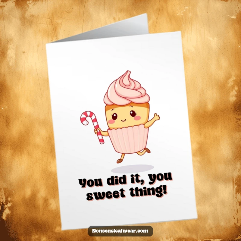 Funny free printable congratulations card with a kawaii cupcake character jumping rope with a candy cane, celebrating a sweet achievement.
