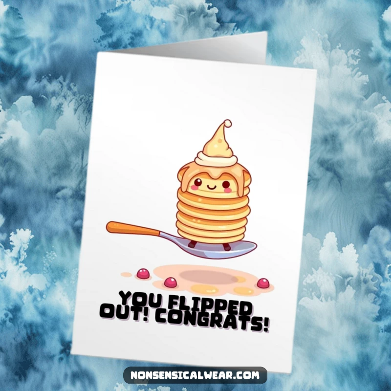 Funny Free Printable Congrats Card: Wobbly pancakes in hats precariously walking on a spoon, a funny congrats.