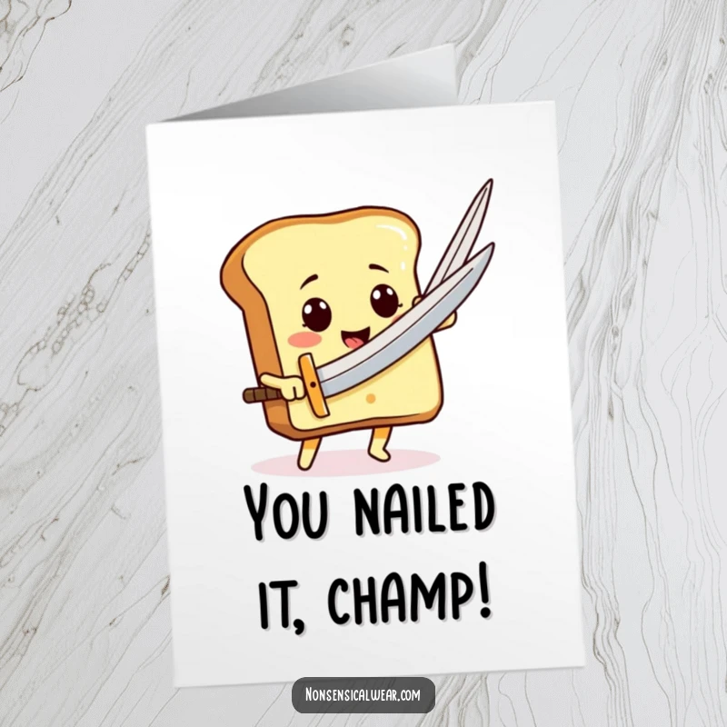 Funny Free Printable Congratulations Card: A smiling toast character using a giant needle like a sword triumphantly.