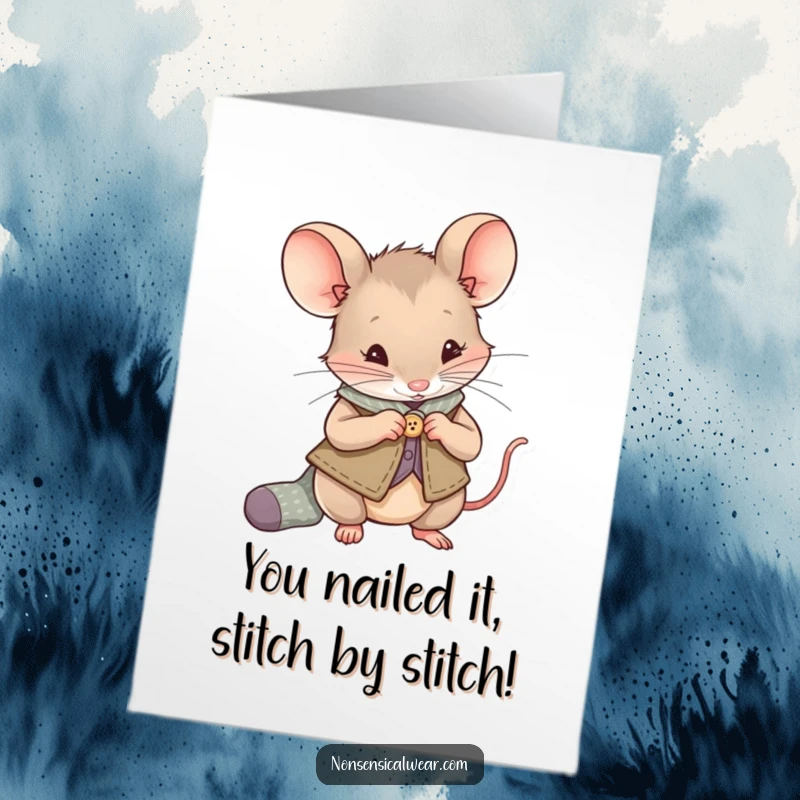 Funny Free Printable Congratulations Card: Curious mouse in vest sewing a button onto a sock, celebrating an achievement.