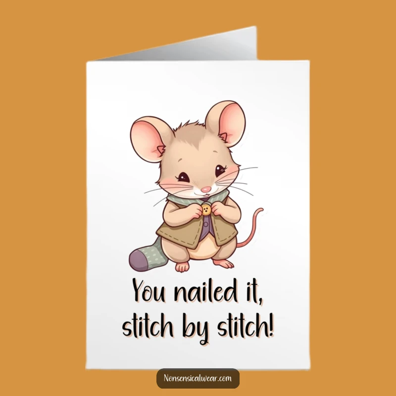 Free Printable Congrats Card: Mouse Sewing Success Funny Downloadable Gift