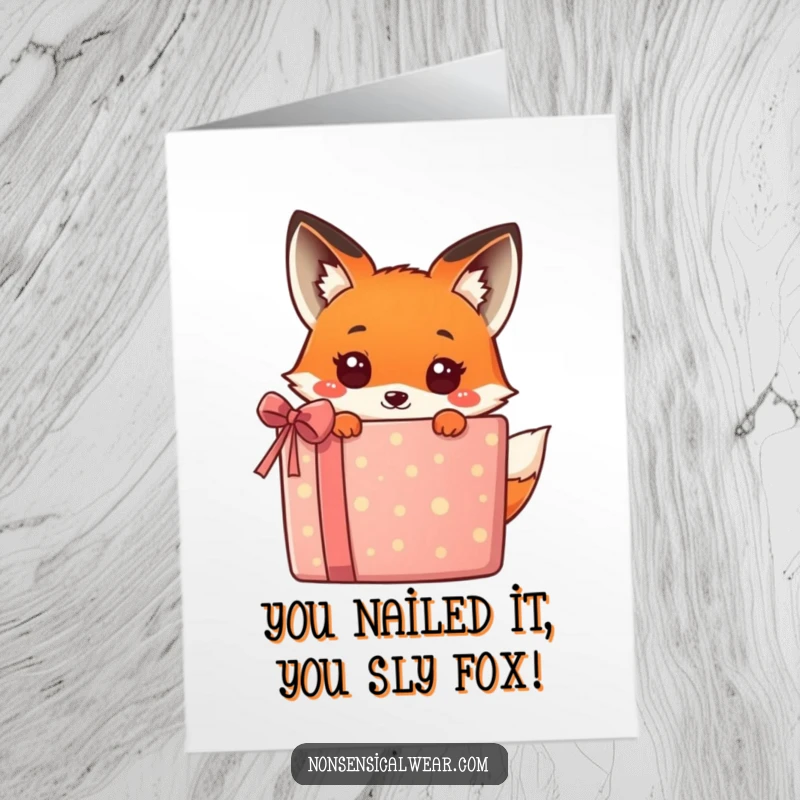 Funny Free Printable Congrats Card: Adorable kawaii fox peeking from behind a colorful gift, celebrating success.