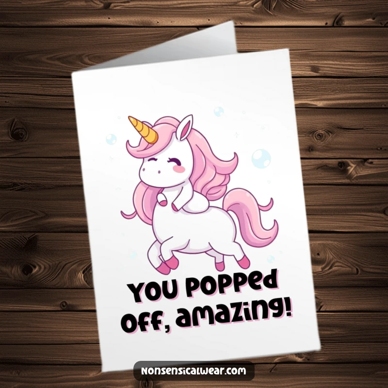 Funny Free Printable Congrats Card: Giggling character joyfully rides a unicorn made of shimmering bubbles, celebrating success.
