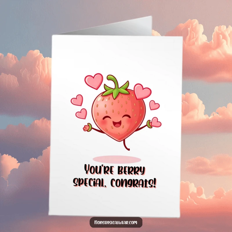 Funny Free Printable Congratulations Card: A happy strawberry character juggling hearts, celebrating success with joy.