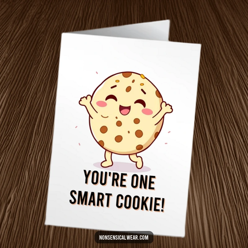 Funny free printable congratulations card featuring a delighted cookie character doing a happy dance with sprinkles, celebrating a sweet achievement.