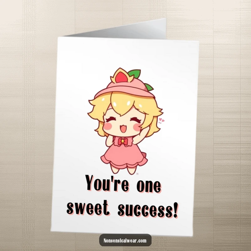 Funny Free Printable Congratulations Card: A playful peach character enthusiastically trying on a tiny hat to celebrate.