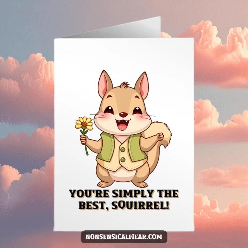 Funny Free Printable Congrats Card: A vest-wearing squirrel proudly presents a small flower, celebrating a special occasion.