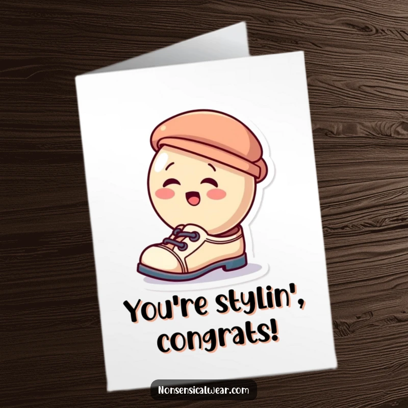 Funny Free Printable Congrats Card: A giggling button hilariously attempts to wear a tiny hat as shoes, celebrating a big achievement.