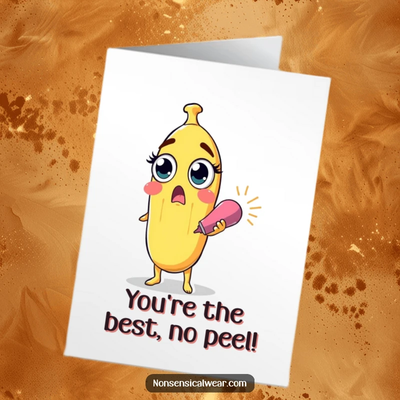 Funny free printable congratulations card featuring a surprised banana character with wide eyes holding a party popper, celebrating a fruity achievement.