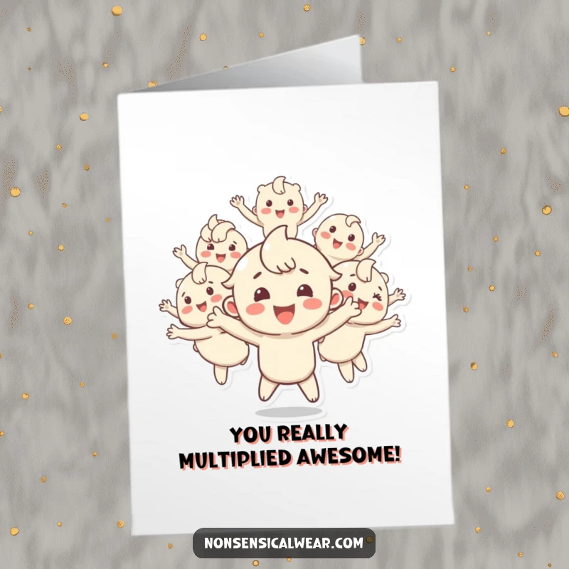 Funny Free Printable Congrats Card: Happy character multiplies into numerous bouncing duplicates, celebrating success.